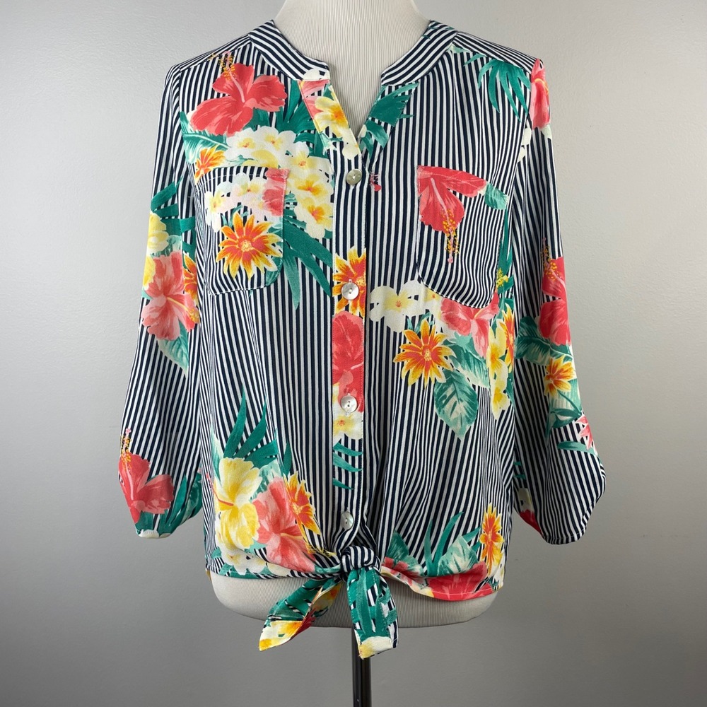 Ruby Rd Womens Small Floral Striped Tie Front Roll Tab Sleeve Blouse 51441 C3